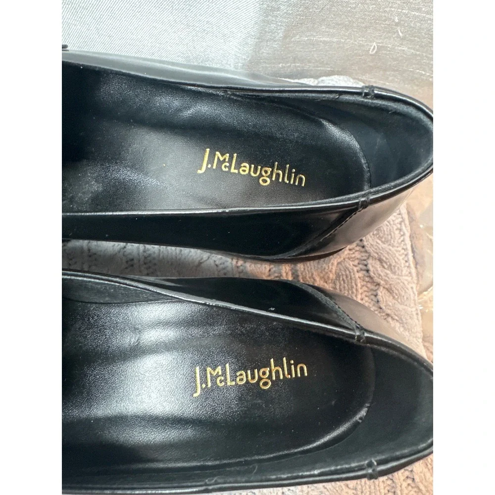 J McLaughlin Black Patent Leather Loafers‎ Gold Buckle Chunky Platform Women 7